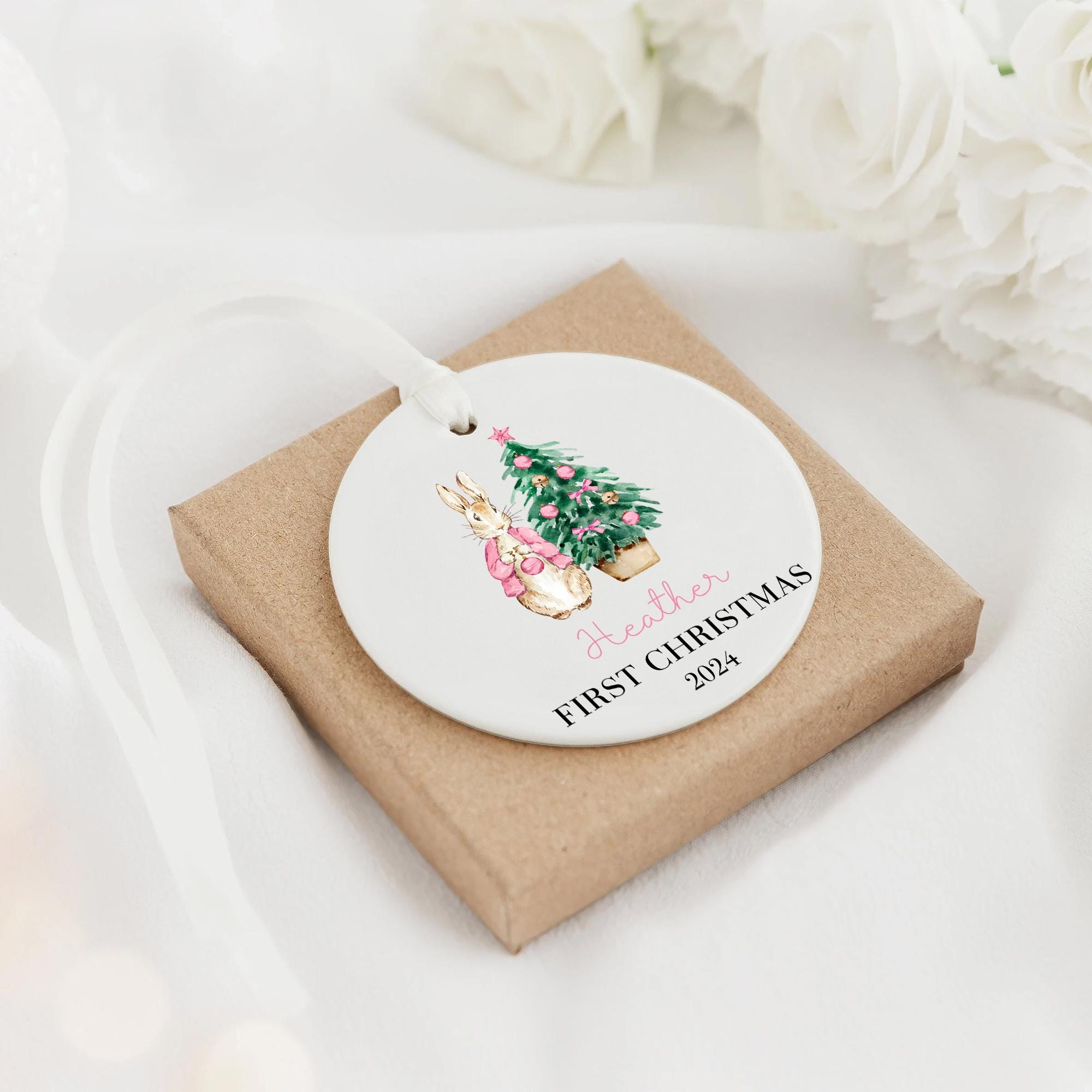 Personalized Bunny Baby's First Christmas Ornament 2025: Ceramic Newborn Keepsake
