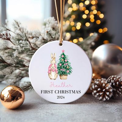 Personalized Bunny Baby's First Christmas Ornament 2025: Ceramic Newborn Keepsake