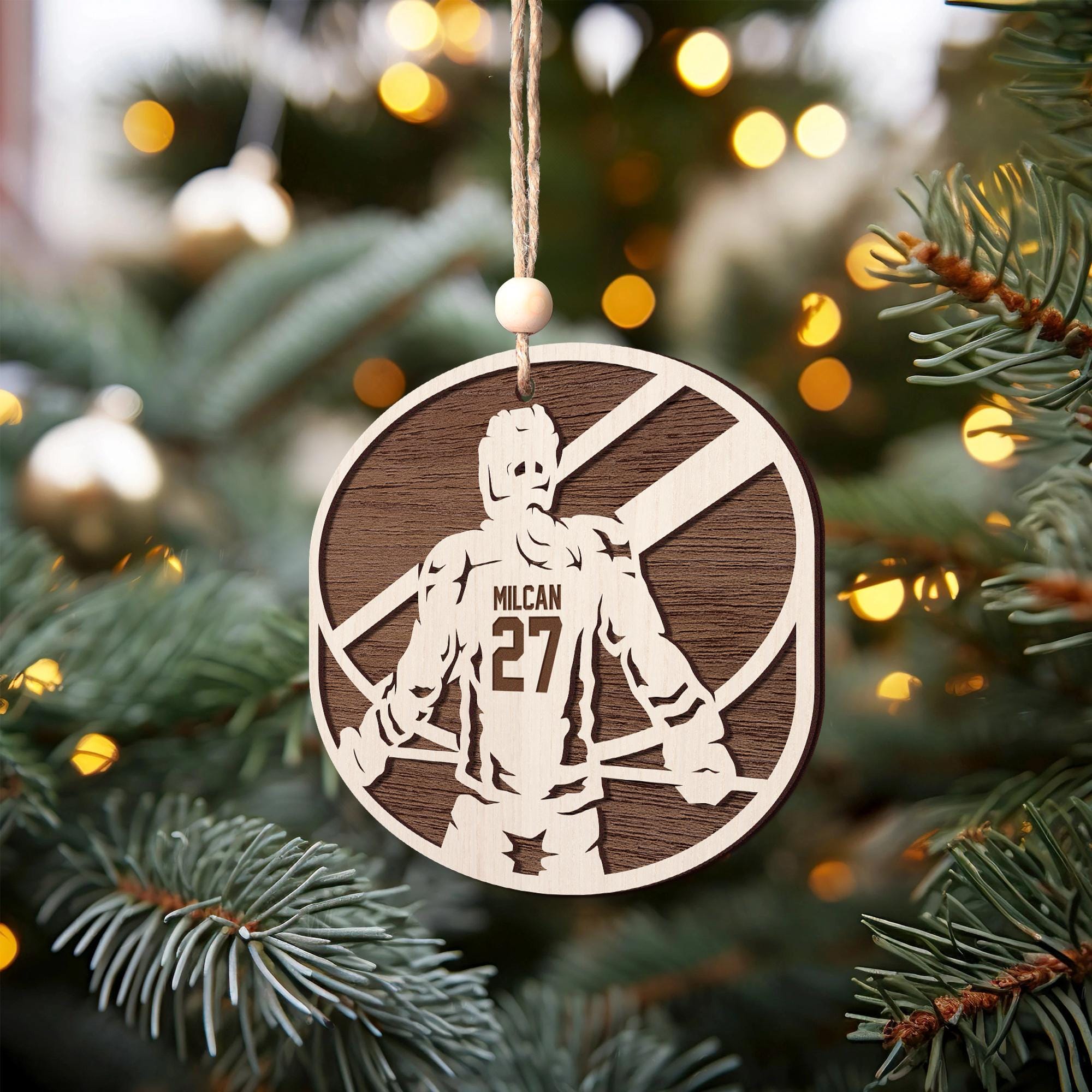 Personalized Basketball Ornament – Custom Wooden Sports Keepsake with Name & Number - Stadium Series Spotlight Ornament