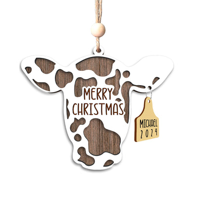 Personalized Cow Head Christmas Ornament - Custom Wooden Farm Animal Holiday Decor - Rustic Dairy Gift