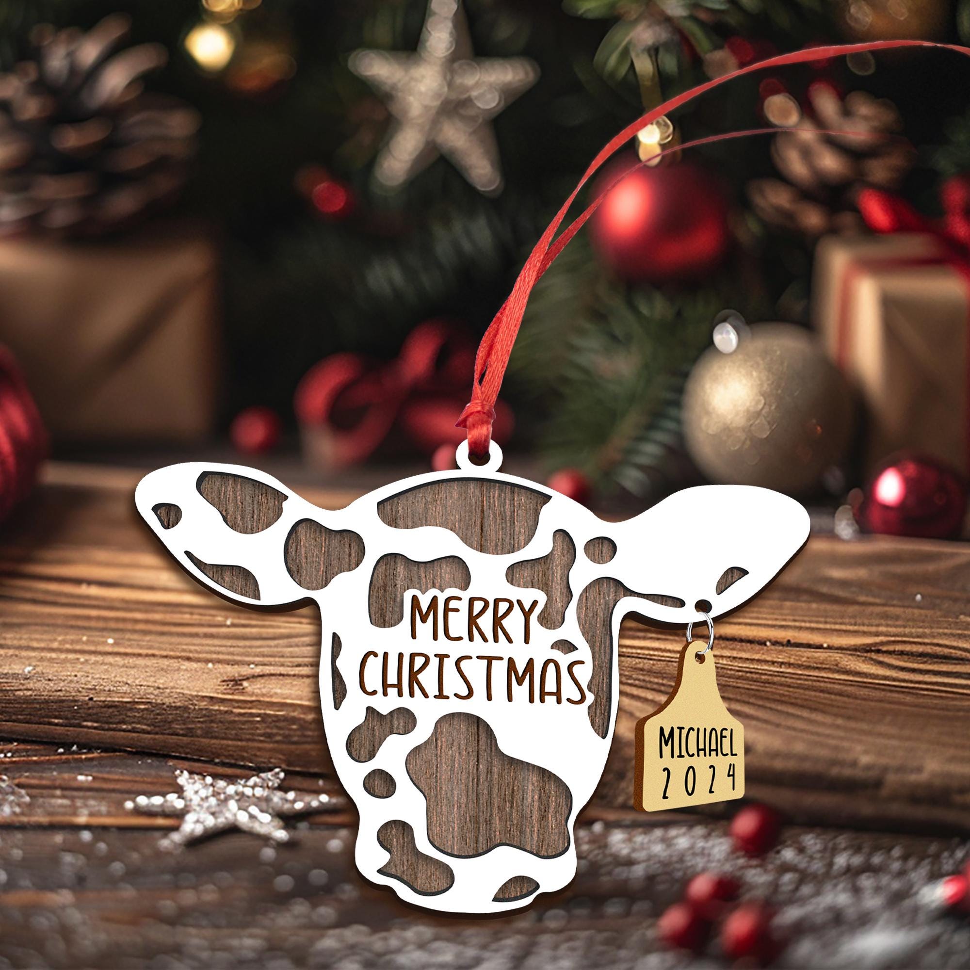 Personalized Cow Head Christmas Ornament - Custom Wooden Farm Animal Holiday Decor - Rustic Dairy Gift