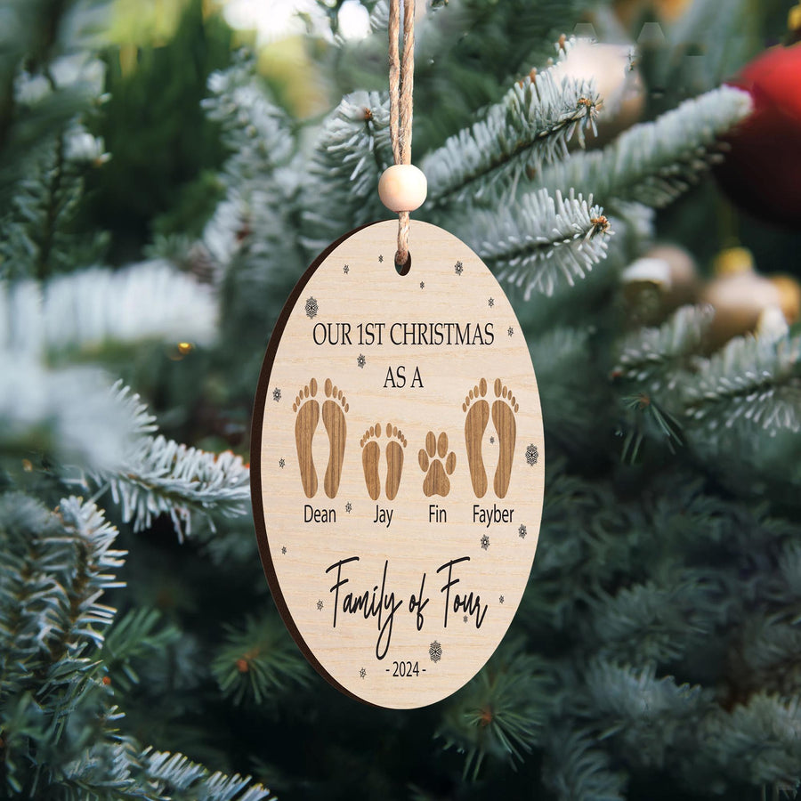 Personalized Family of Four Christmas Ornament: Custom Engraved Wooden Keepsake