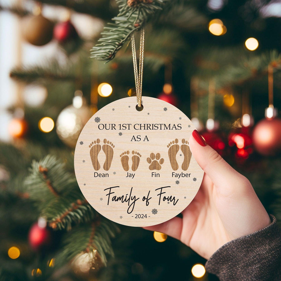 Personalized Family of Four Christmas Ornament: Custom Engraved Wooden Keepsake