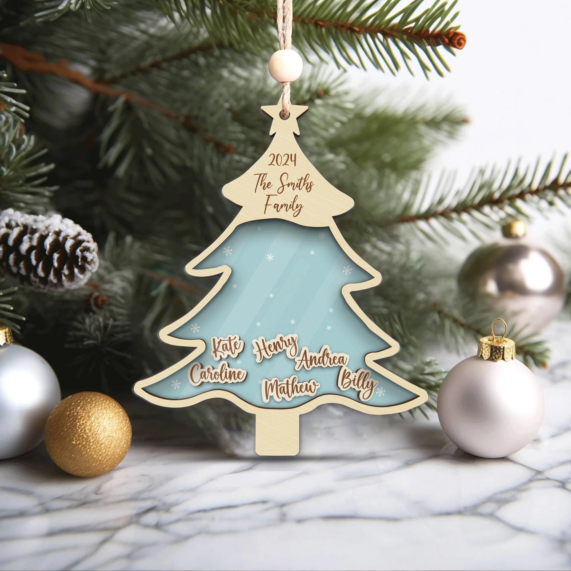 Personalized Family Christmas Tree Ornament: Engraved Wooden Keepsake