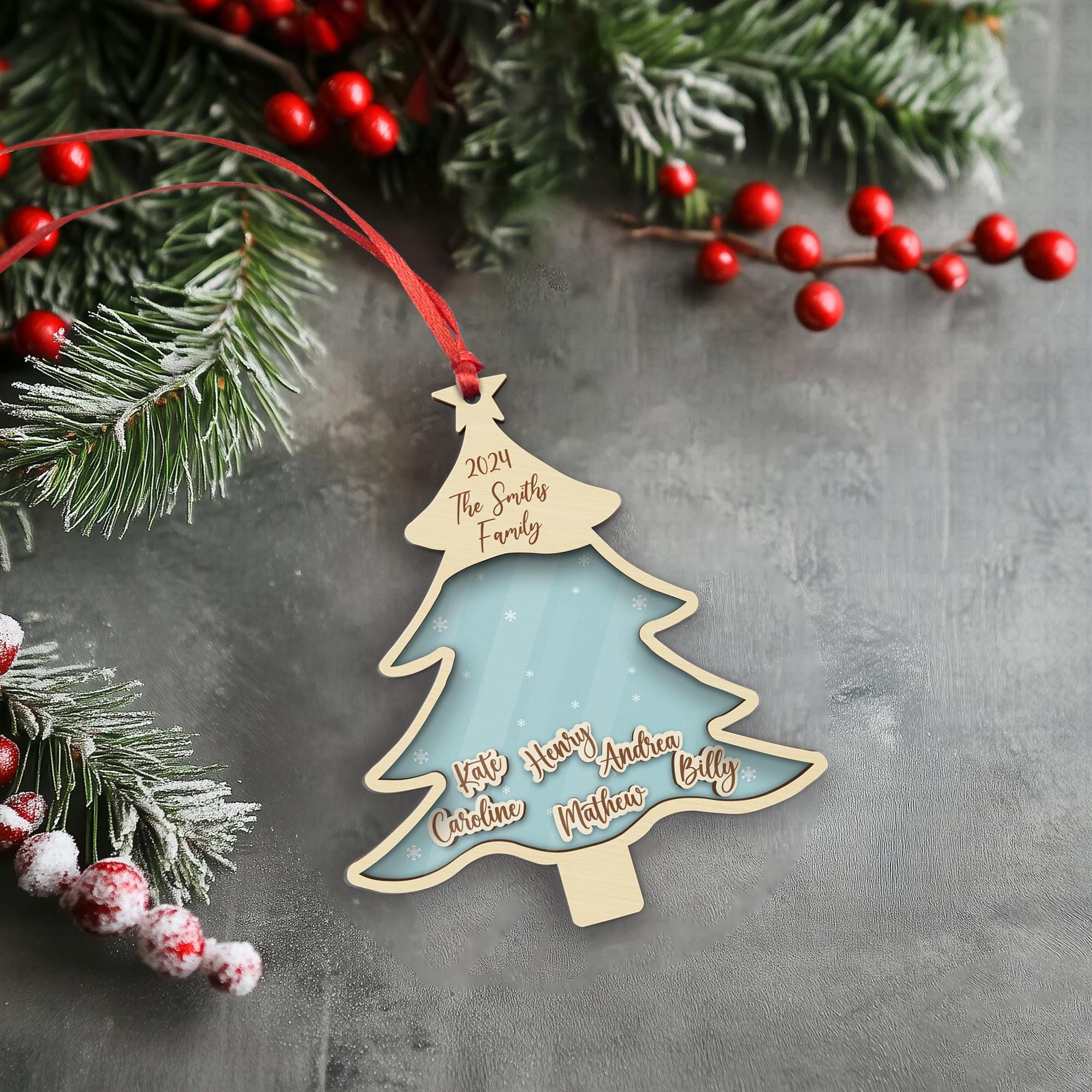 Personalized Family Christmas Tree Ornament: Engraved Wooden Keepsake