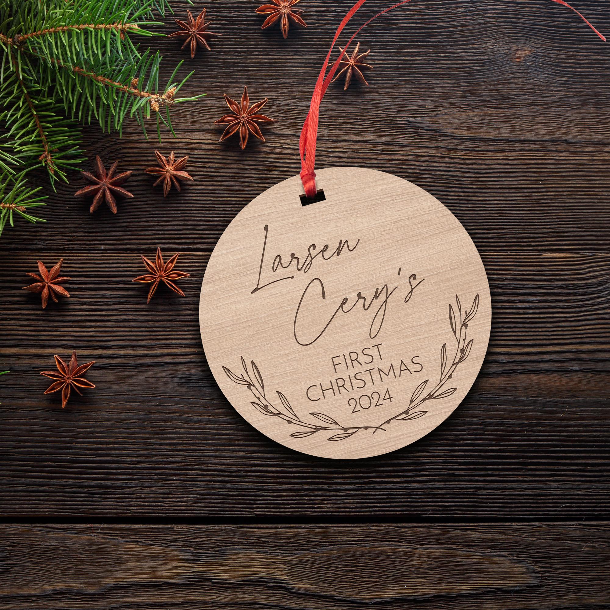 Personalized Wooden First Christmas Ornament - Custom Baby Name Holiday Keepsake - Engraved Round Ornament