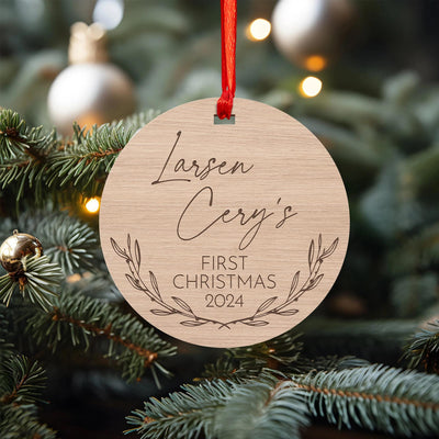 Personalized Wooden First Christmas Ornament - Custom Baby Name Holiday Keepsake - Engraved Round Ornament