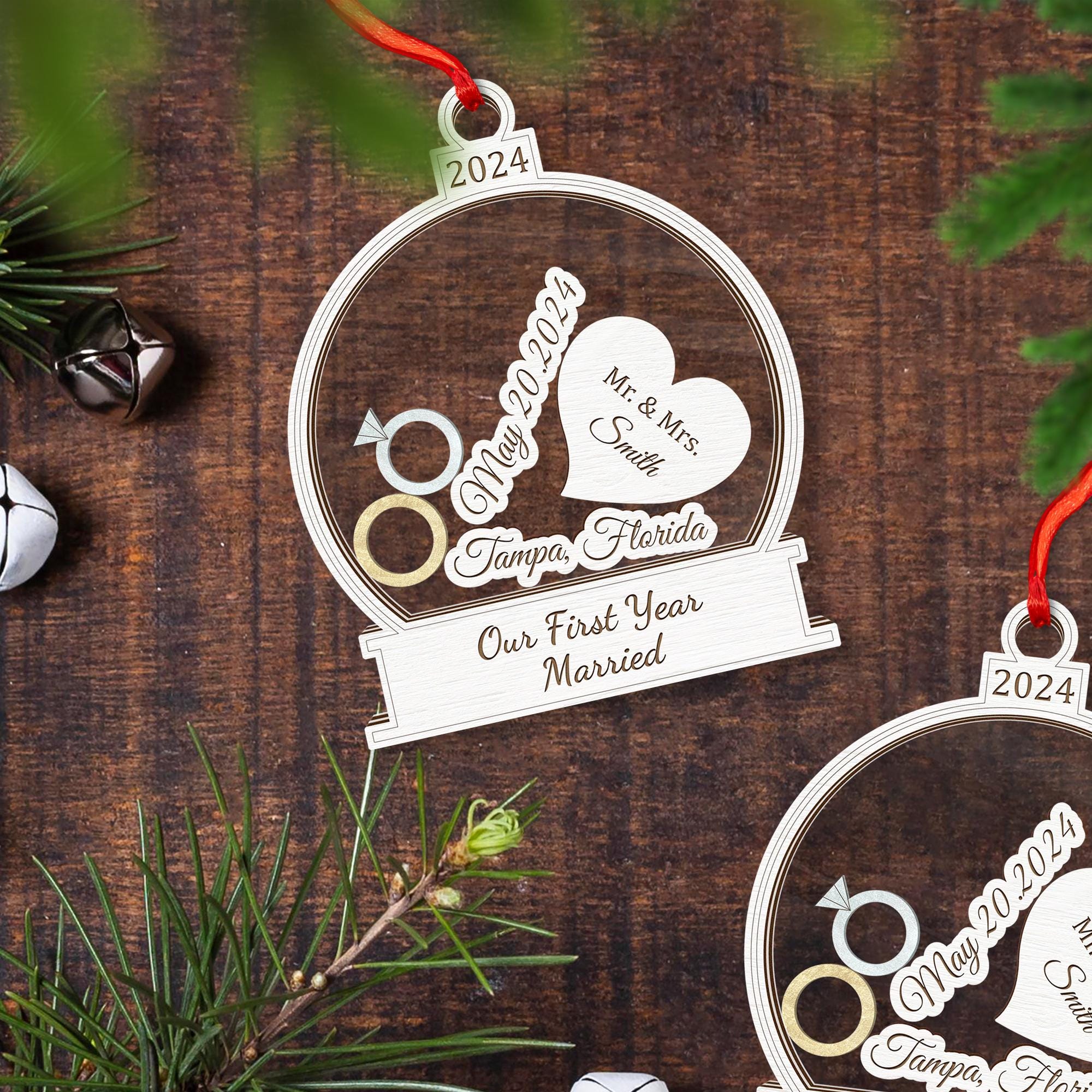Personalized Wedding Shaker Ornament: First Christmas Married, Custom Newlywed Gift