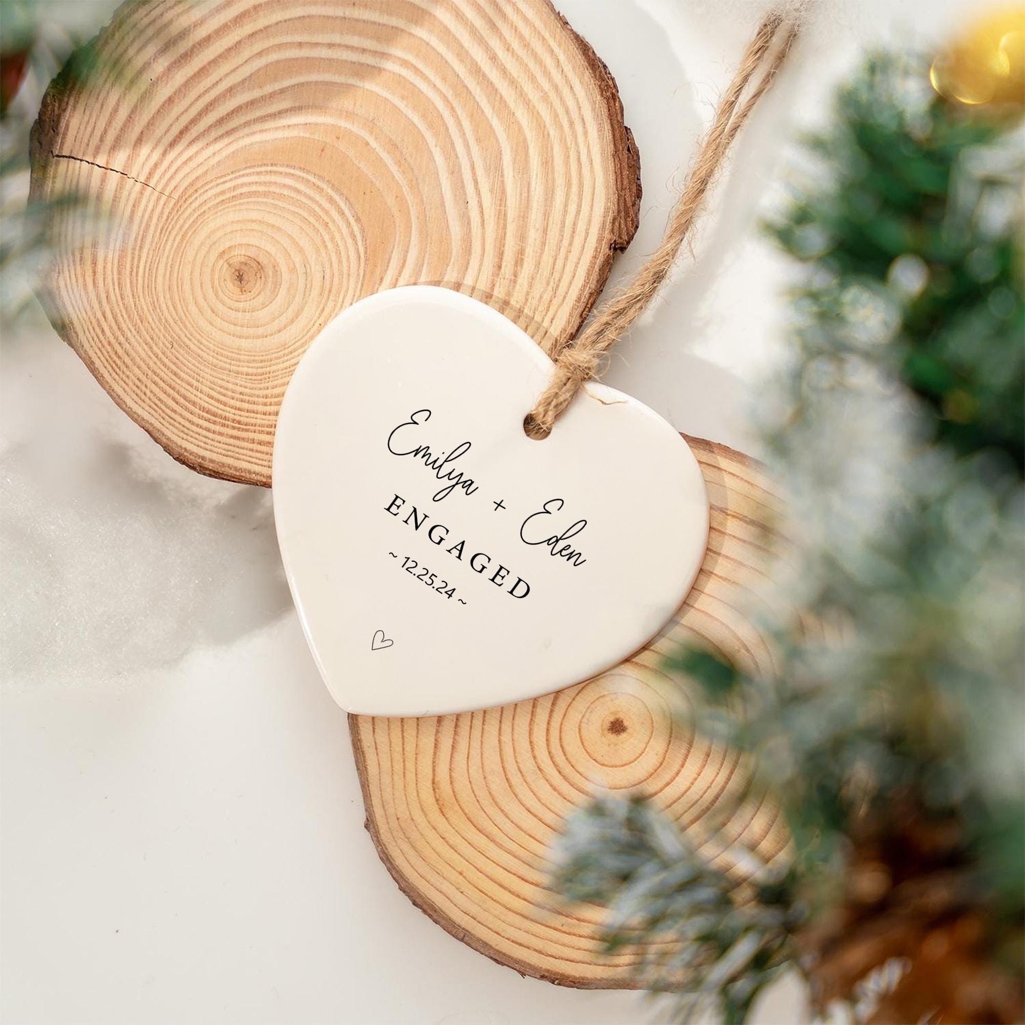 Personalized Engagement Ornament 2025: Heart-Shaped Ceramic Christmas Keepsake