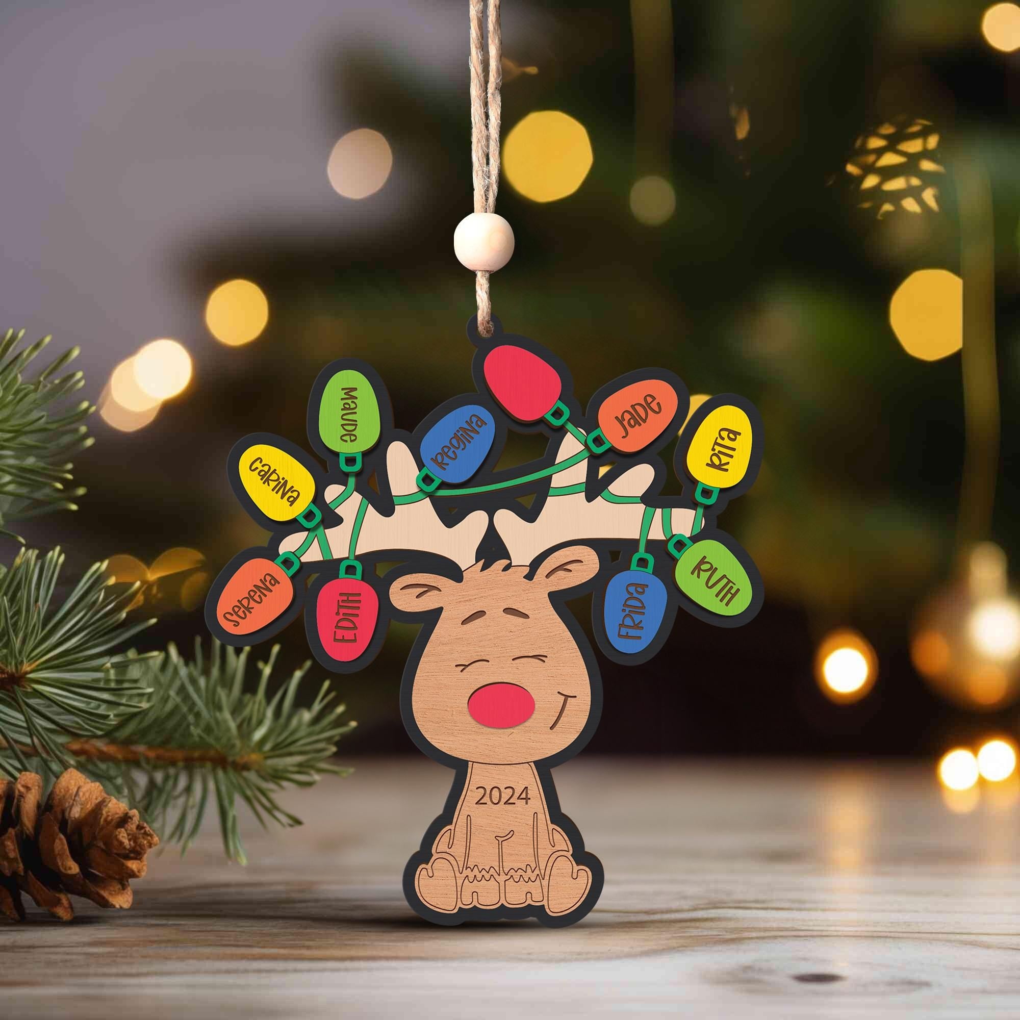Personalized Reindeer Family Ornament with Christmas Lights - 2025 Keepsake