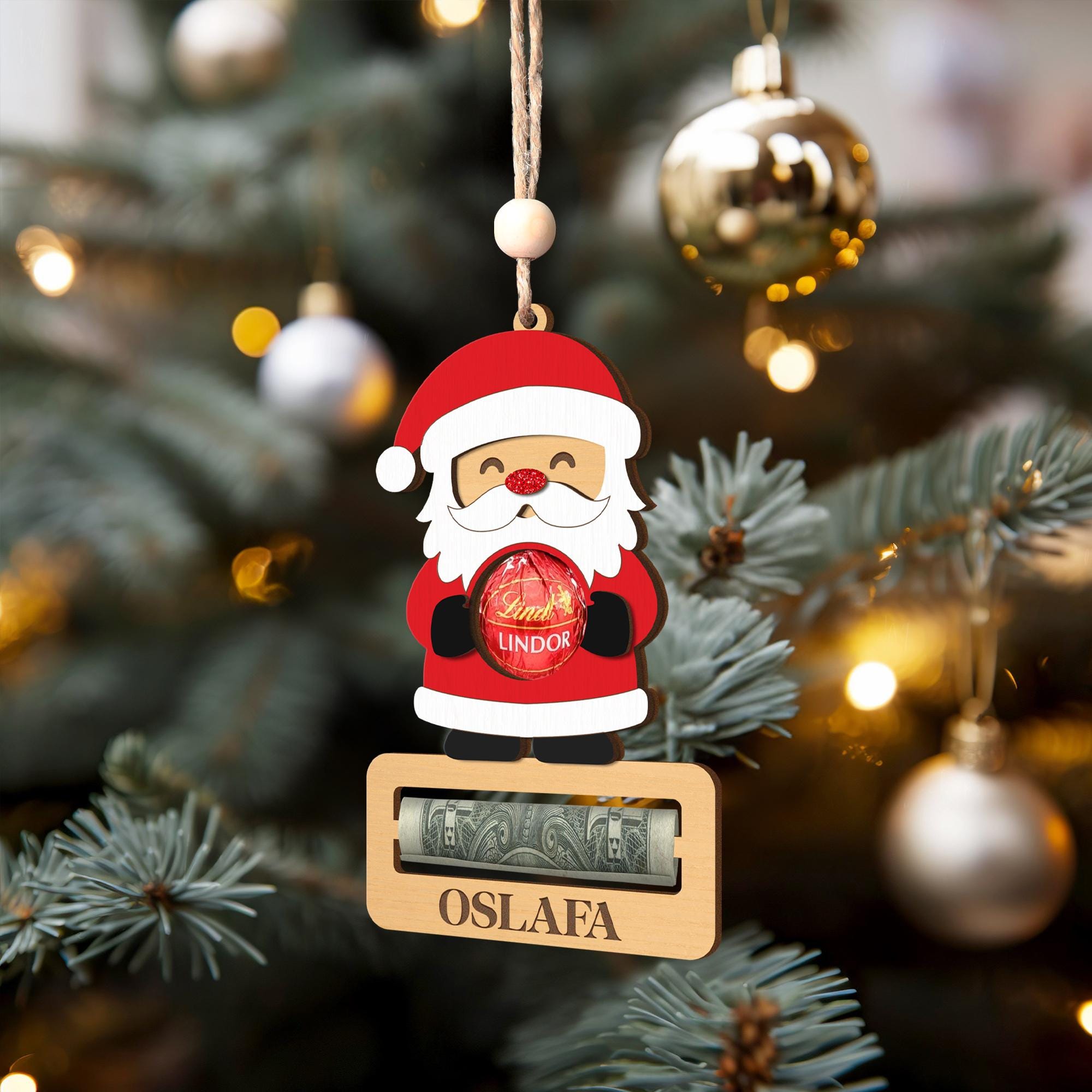Personalized Santa Money Holder Ornament - Santa Chocolate and Money Holder - Wooden Christmas Gift Ornament