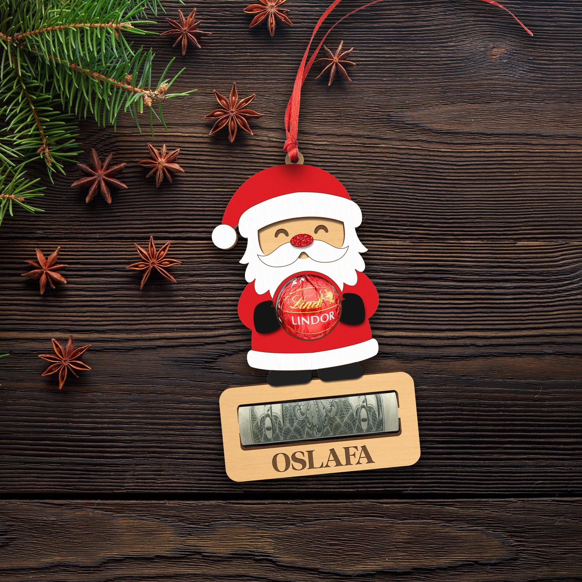 Personalized Santa Money Holder Ornament - Santa Chocolate and Money Holder - Wooden Christmas Gift Ornament