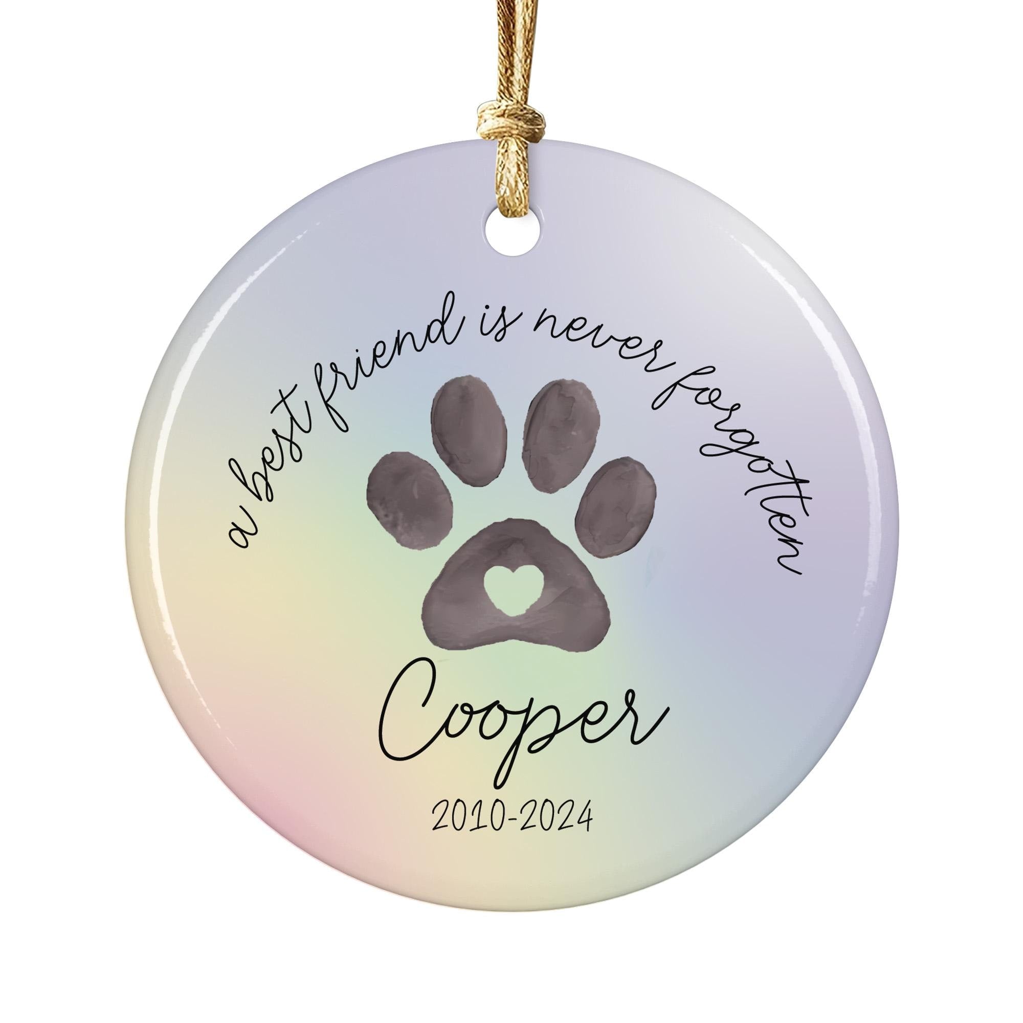 Personalized Pet Memorial Ceramic Ornament, Rainbow Paw Print Keepsake