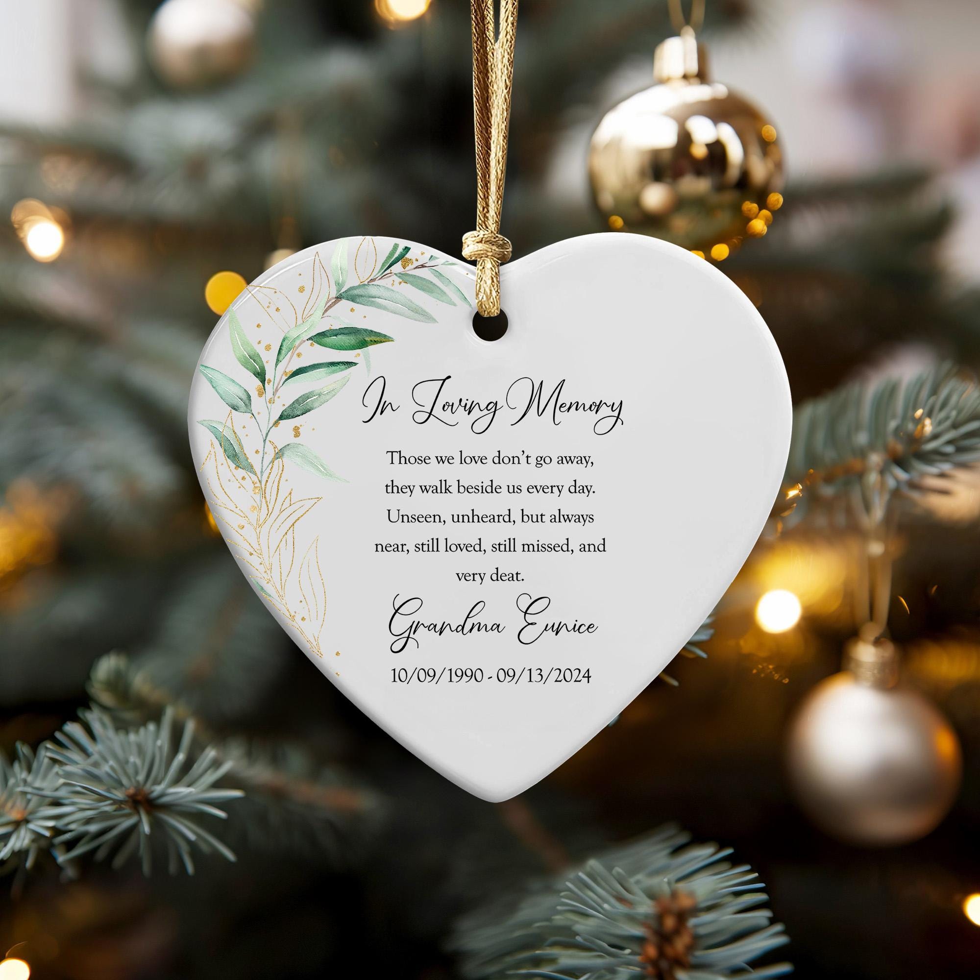 Personalized Memorial Ornament: Heart Ceramic Keepsake with Gold Accents