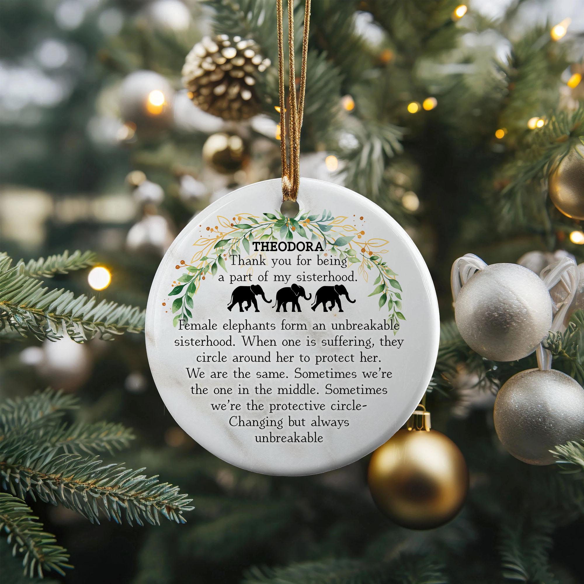 Personalized Sisterhood Ornament – Elephant Friendship Ornament – Meaningful Christmas Gift – 3-inch Round Keepsake