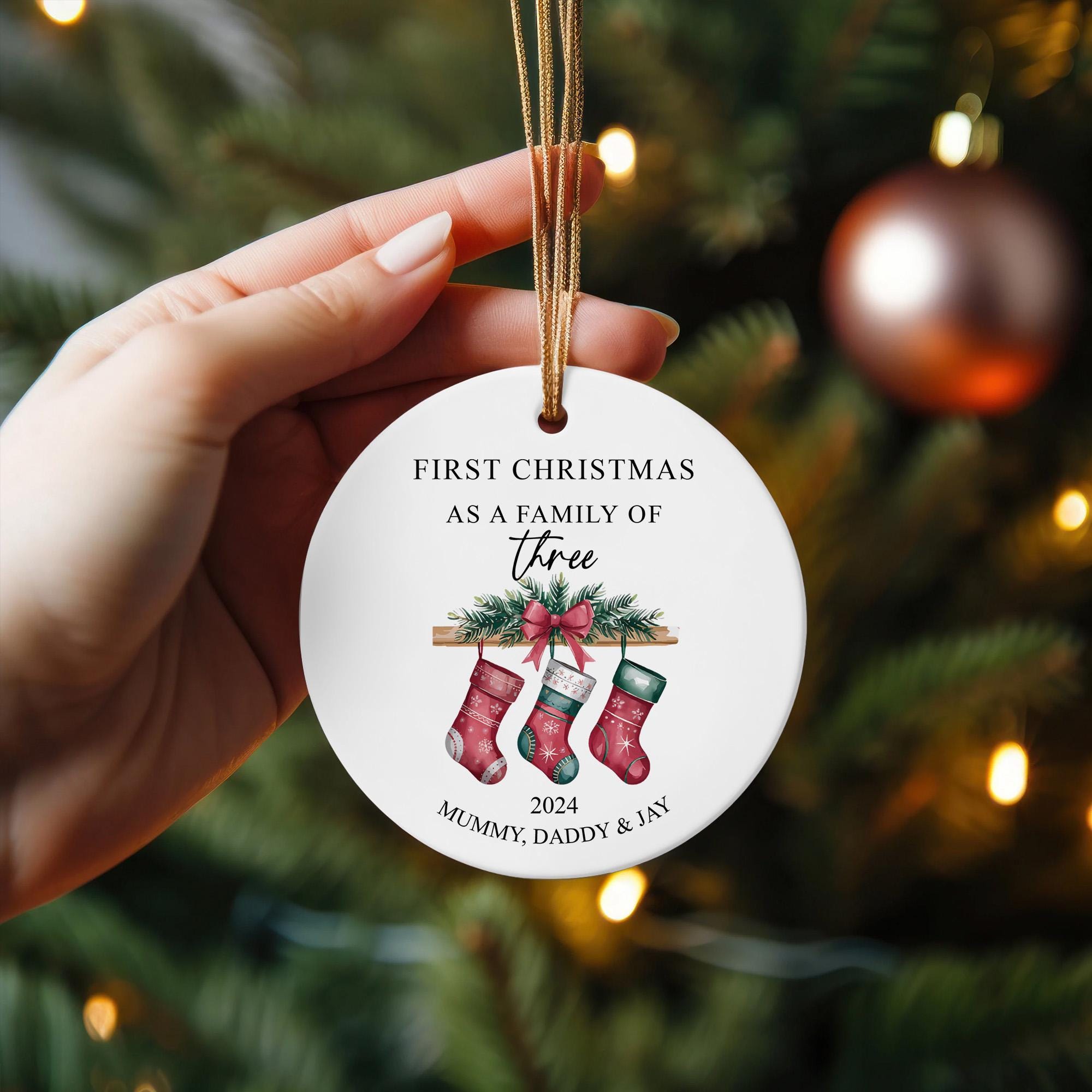 Personalized Family of Three Christmas Ornament 2025: Custom Stocking Keepsake, Custom Family Christmas Ornament