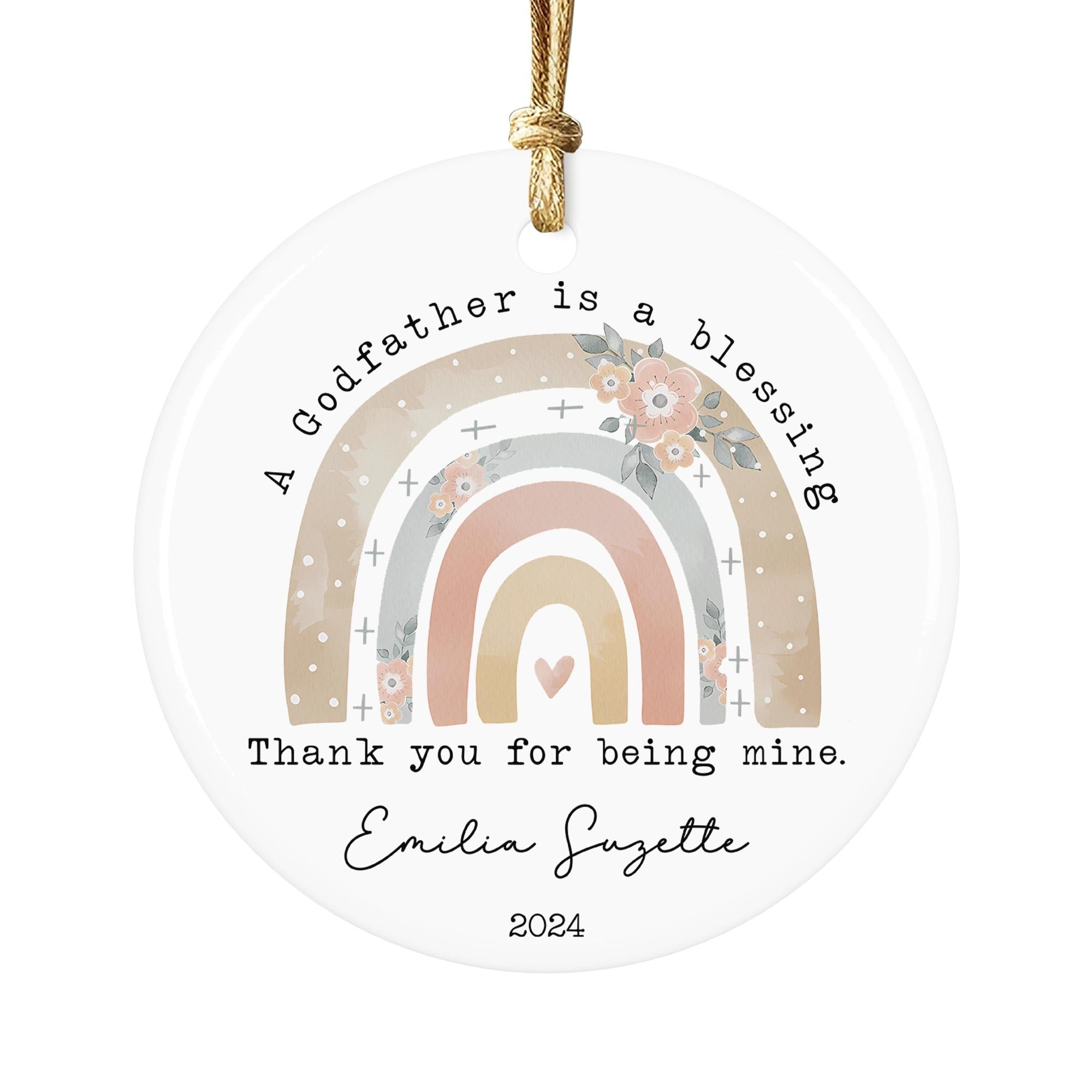 Personalized Godfather Ornament 2025: Boho Rainbow Ceramic Keepsake