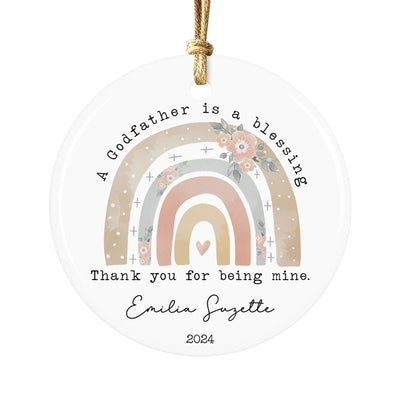 Personalized Godfather Ornament 2025: Boho Rainbow Ceramic Keepsake
