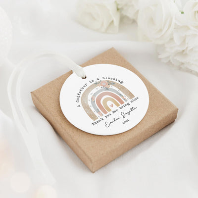 Personalized Godfather Ornament 2025: Boho Rainbow Ceramic Keepsake