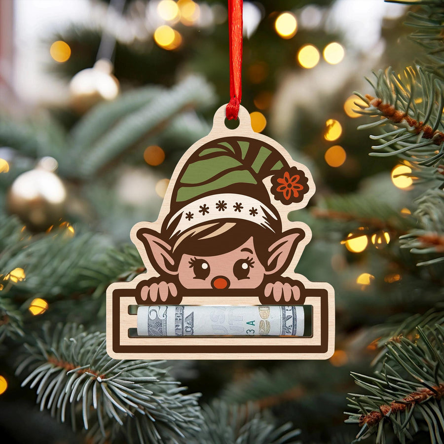 Elf Money Holder Christmas Ornament: Wooden Gift Card Decoration