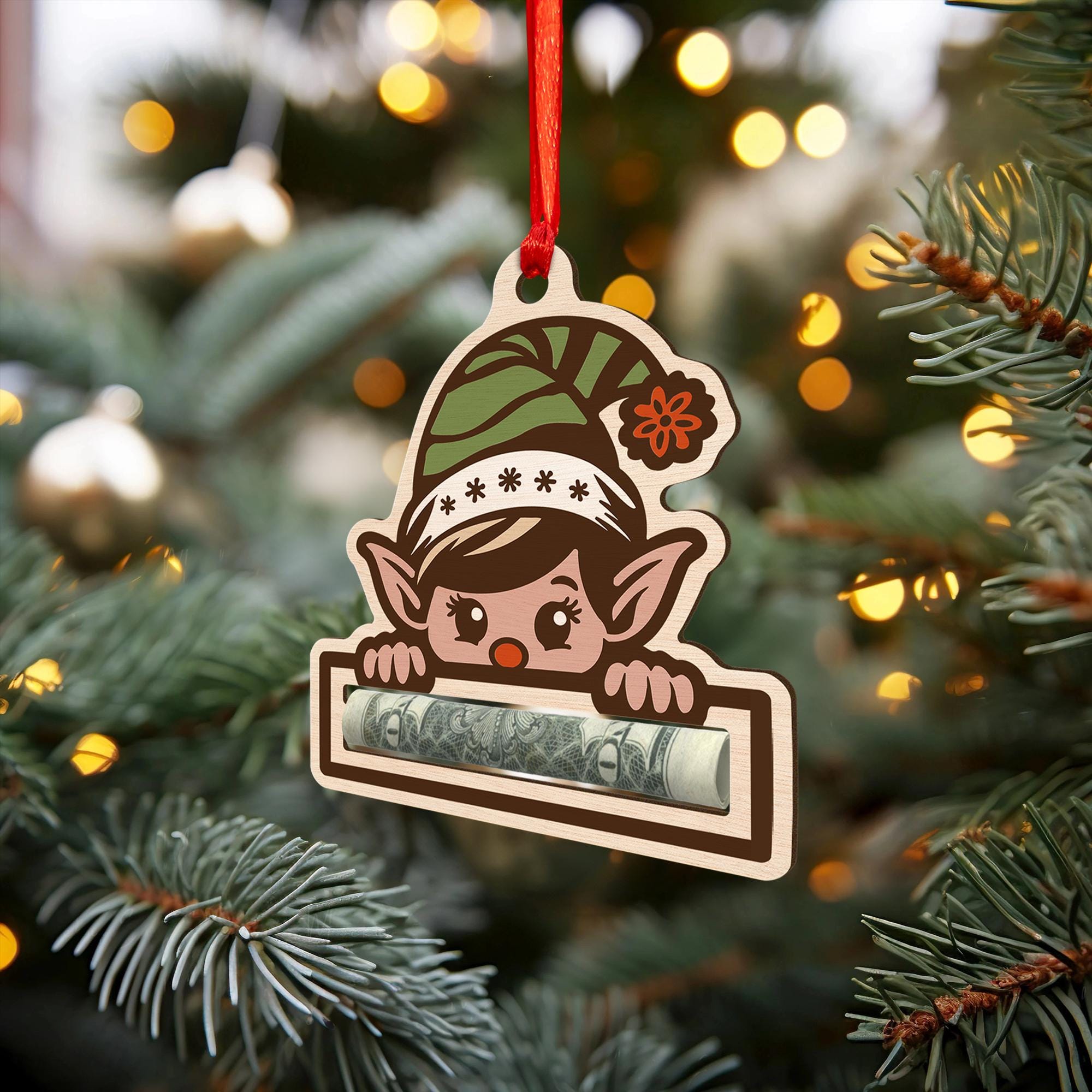 Elf Money Holder Christmas Ornament: Wooden Gift Card Decoration