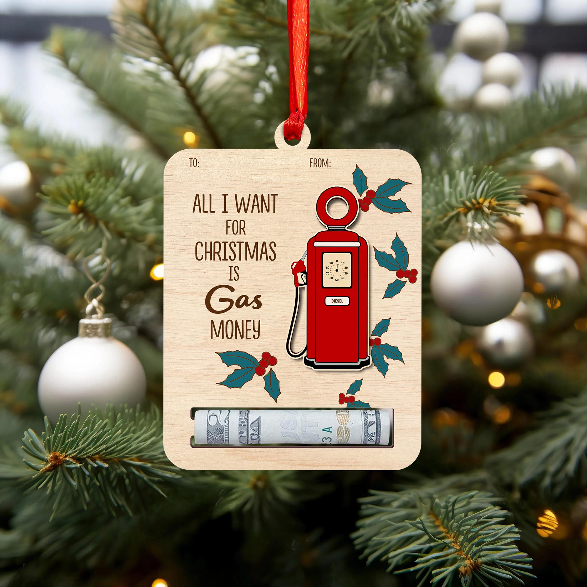 Funny Gas Money Christmas Ornament: Wooden Gift Card Holder