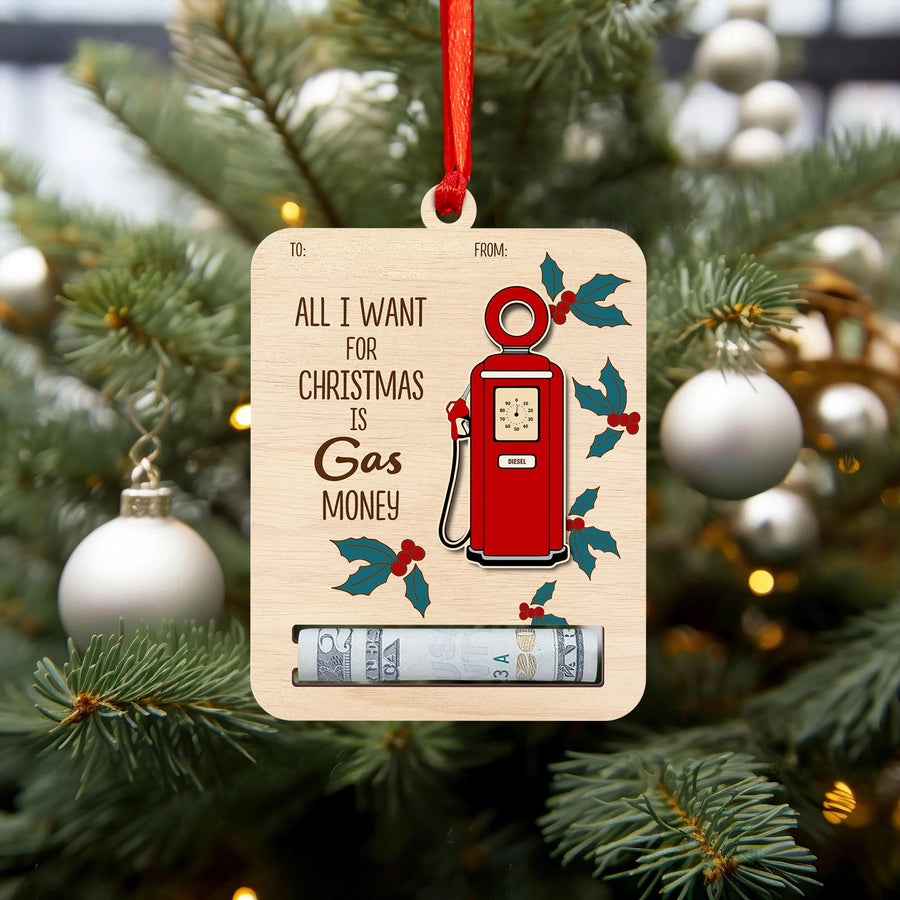 Funny Gas Money Christmas Ornament: Wooden Gift Card Holder