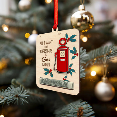 Funny Gas Money Christmas Ornament: Wooden Gift Card Holder