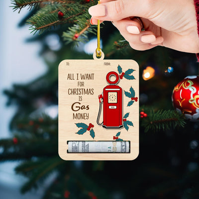 Funny Gas Money Christmas Ornament: Wooden Gift Card Holder