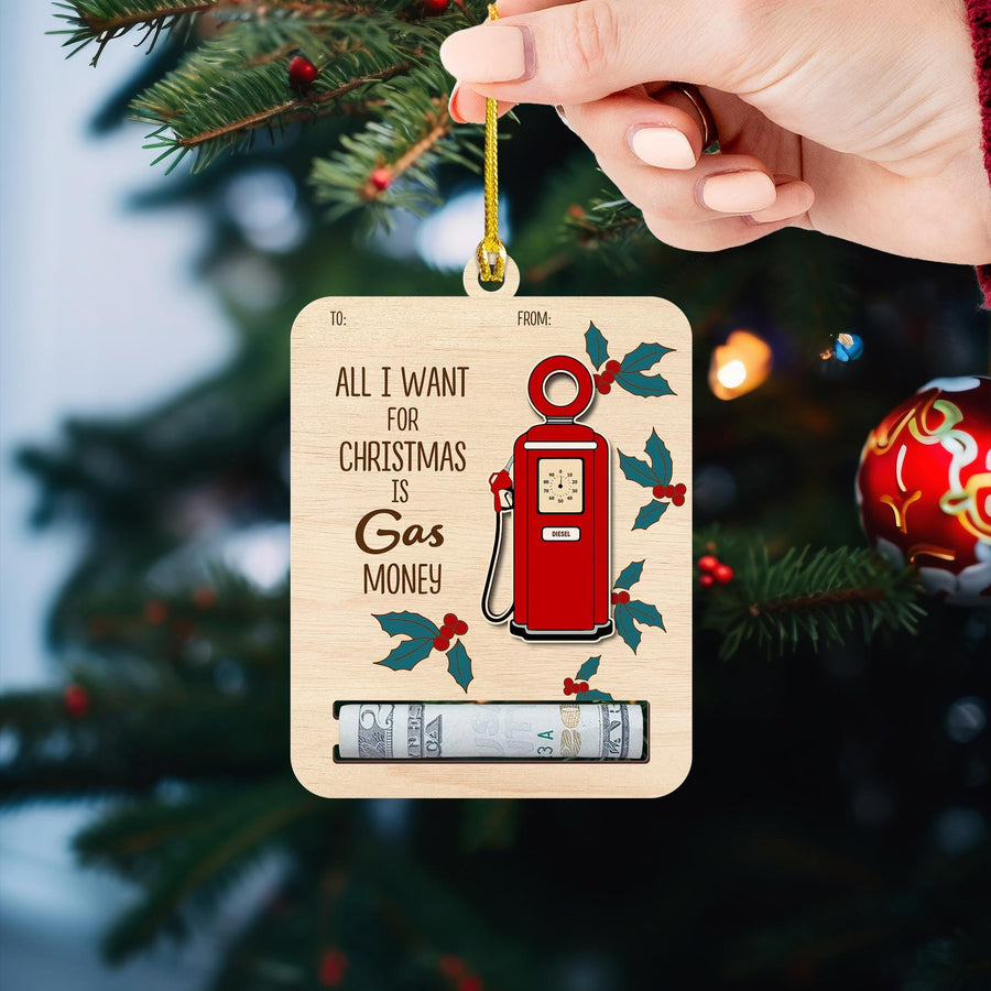 Funny Gas Money Christmas Ornament: Wooden Gift Card Holder