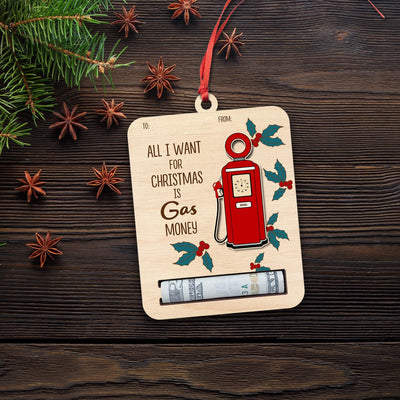 Funny Gas Money Christmas Ornament: Wooden Gift Card Holder