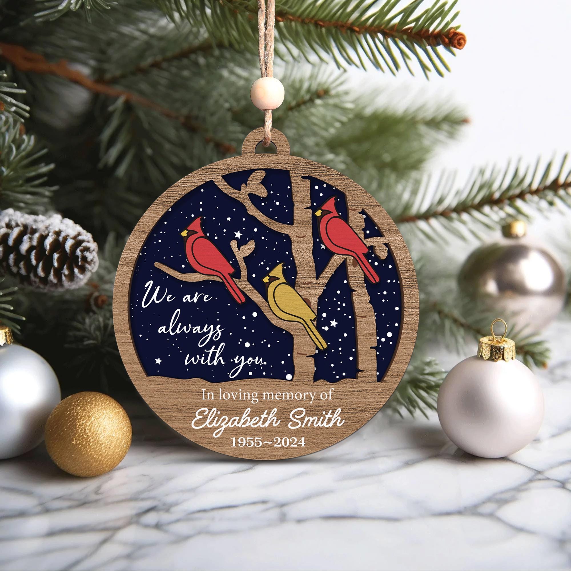 Personalized Cardinal Memorial Ornament: Wooden In Loving Memory Christmas Decoration