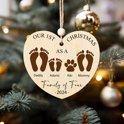 Personalized Family of Four Wooden Heart Ornament - First Christmas Keepsake