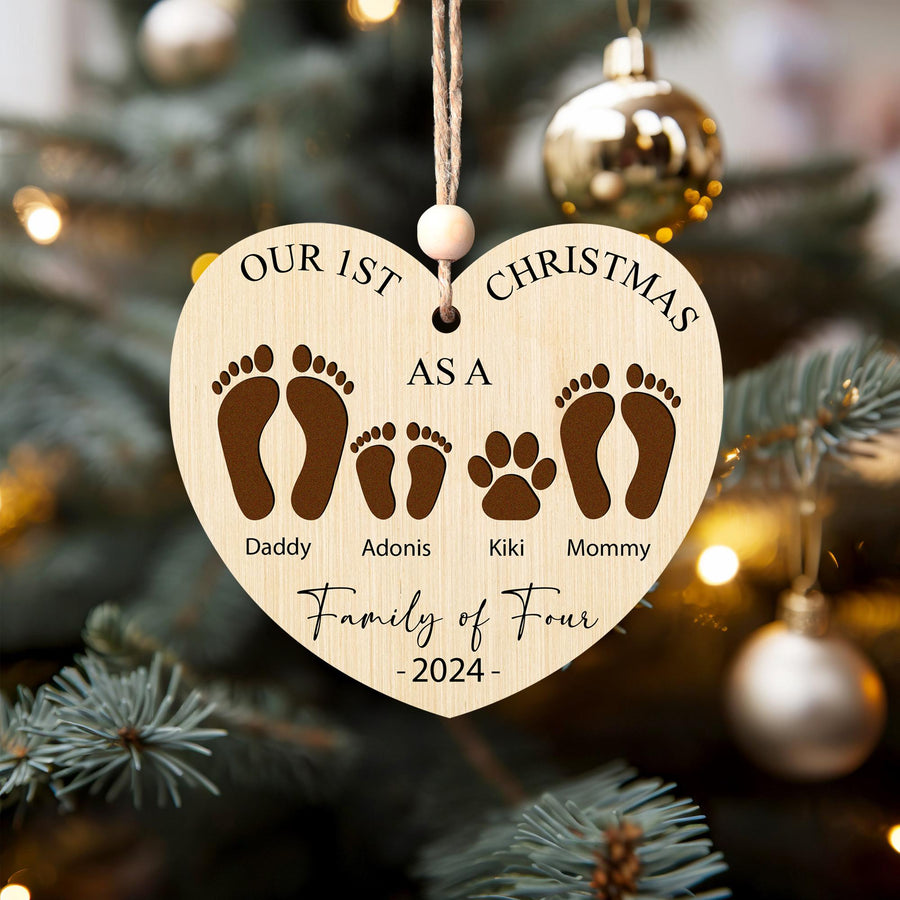 Personalized Family of Four Wooden Heart Ornament - First Christmas Keepsake