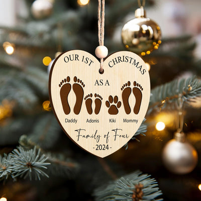 Personalized Family of Four Wooden Heart Ornament - First Christmas Keepsake