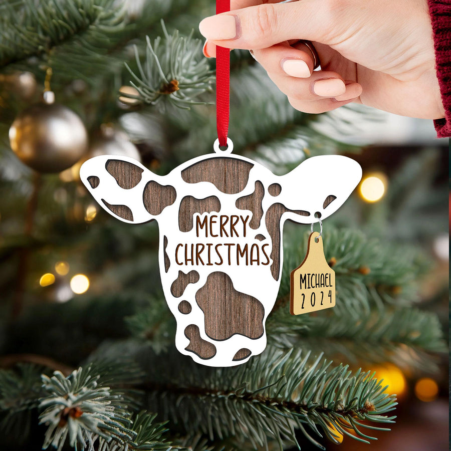 Personalized Cow Head Christmas Ornament - Custom Wooden Farm Animal Holiday Decor - Rustic Dairy Gift