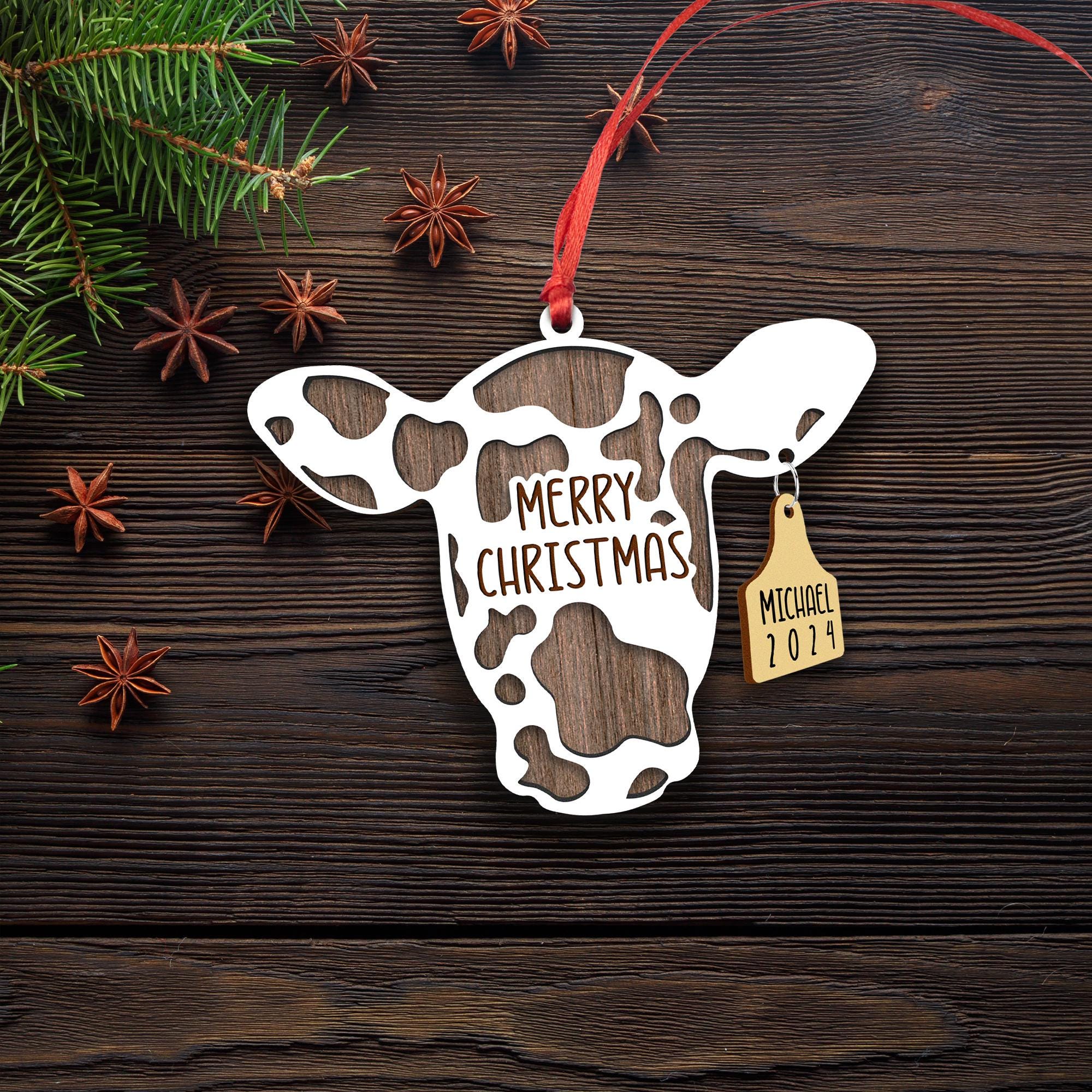 Personalized Cow Head Christmas Ornament - Custom Wooden Farm Animal Holiday Decor - Rustic Dairy Gift