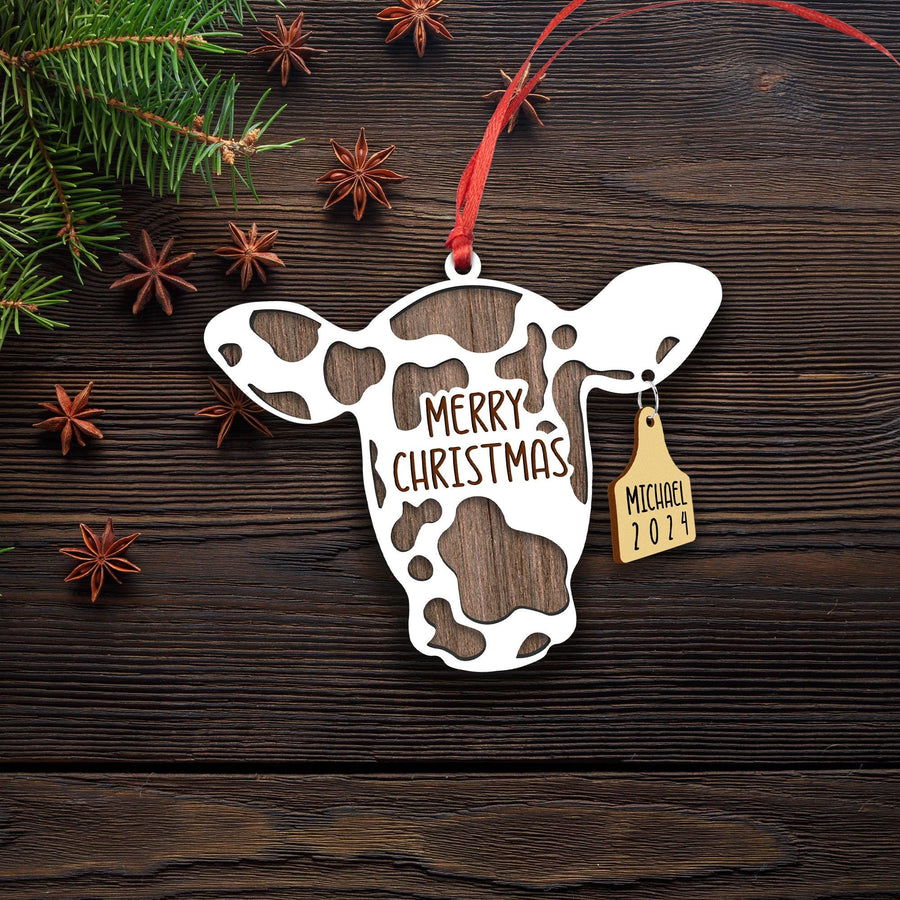 Personalized Cow Head Christmas Ornament - Custom Wooden Farm Animal Holiday Decor - Rustic Dairy Gift