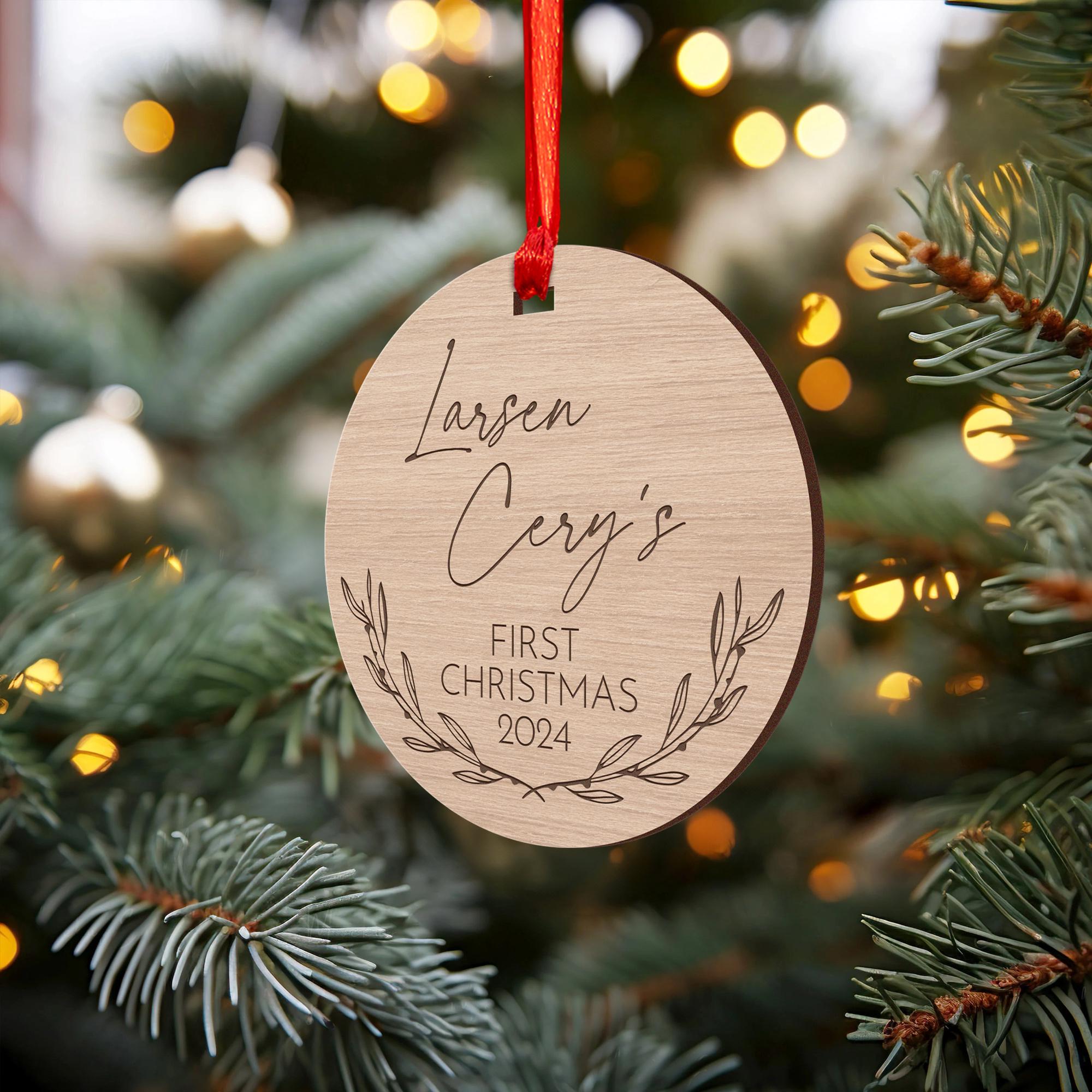 Personalized Wooden First Christmas Ornament - Custom Baby Name Holiday Keepsake - Engraved Round Ornament