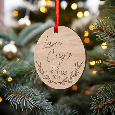 Personalized Wooden First Christmas Ornament - Custom Baby Name Holiday Keepsake - Engraved Round Ornament