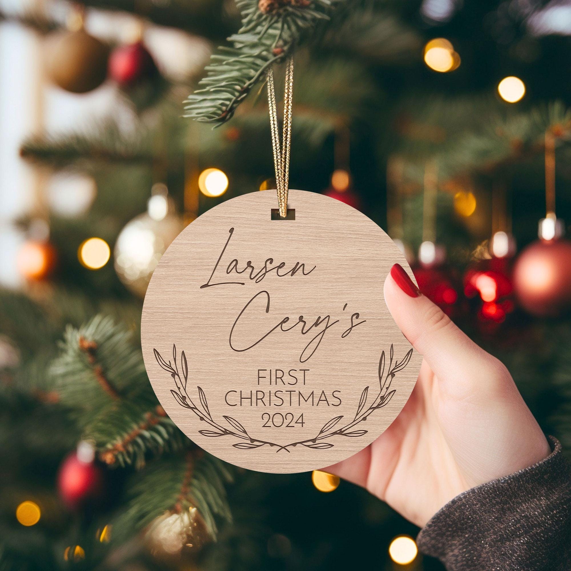 Personalized Wooden First Christmas Ornament - Custom Baby Name Holiday Keepsake - Engraved Round Ornament