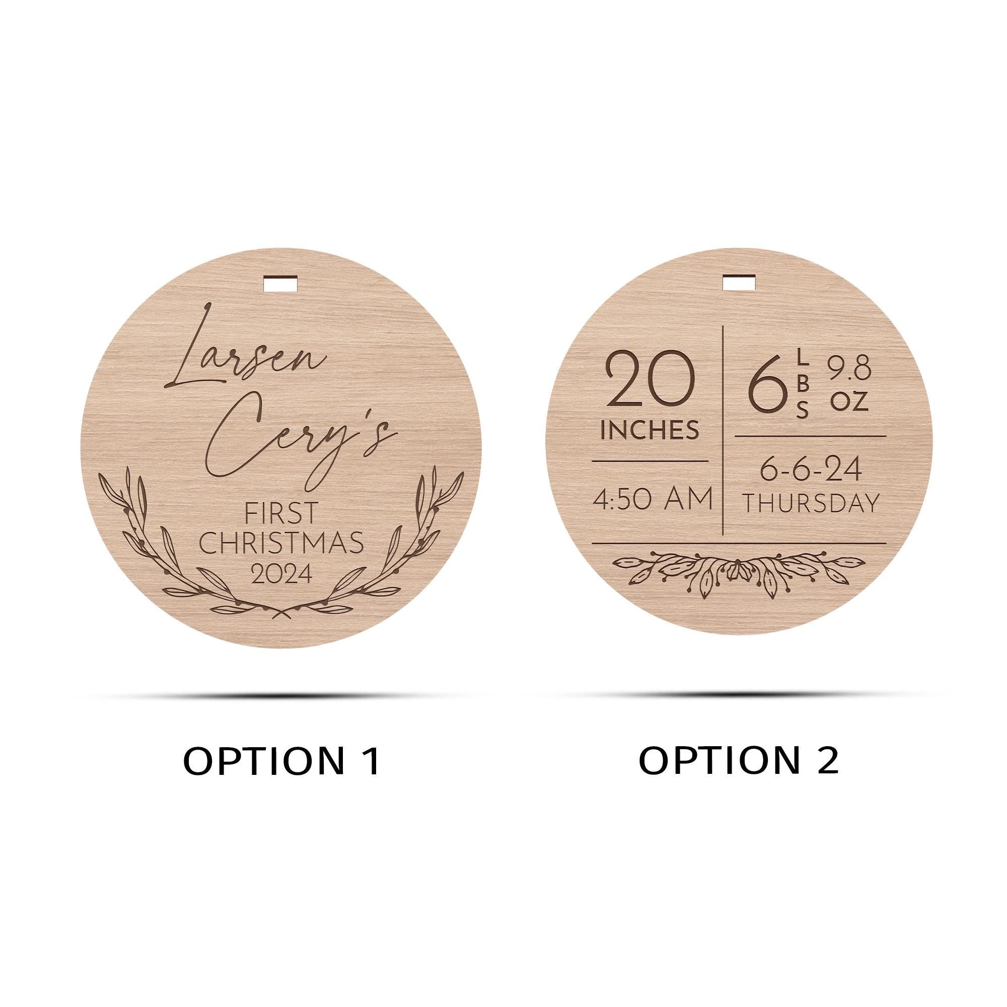 Personalized Wooden First Christmas Ornament - Custom Baby Name Holiday Keepsake - Engraved Round Ornament