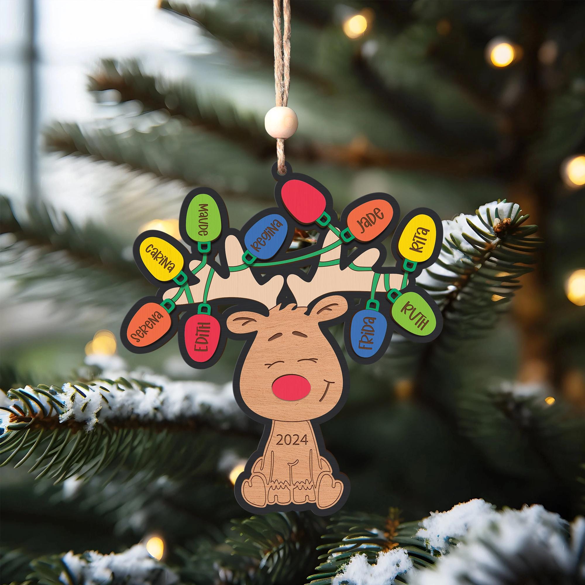 Personalized Reindeer Family Ornament with Christmas Lights - 2025 Keepsake