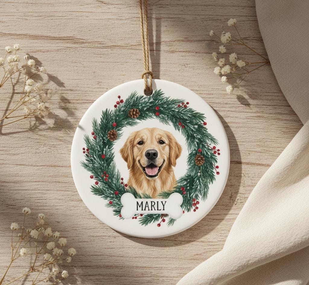 Personalized Ceramic Dog Ornament, Custom Pet Name and Year, Golden Retriever Christmas Keepsake, Pet Memorial Gift, Holiday Decor 2025