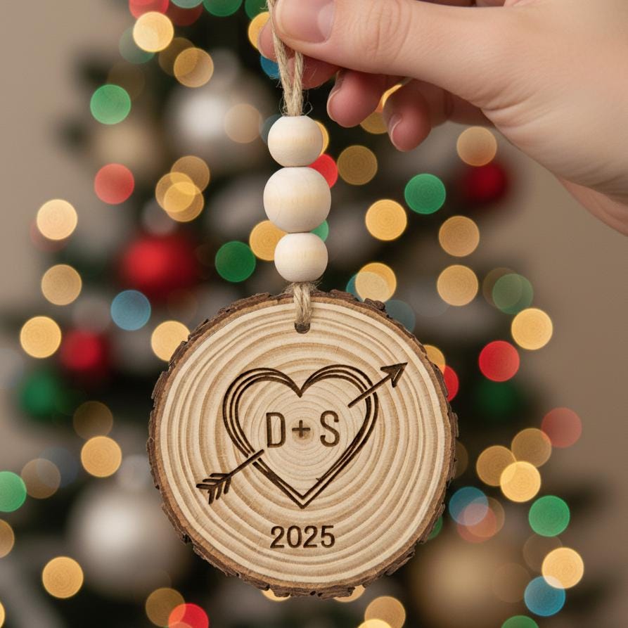 Personalized Wooden Christmas Ornament, Custom Initials and Year, Rustic Heart Engraved Ornament,Couple Gift,Farmhouse Holiday Keepsake 2025