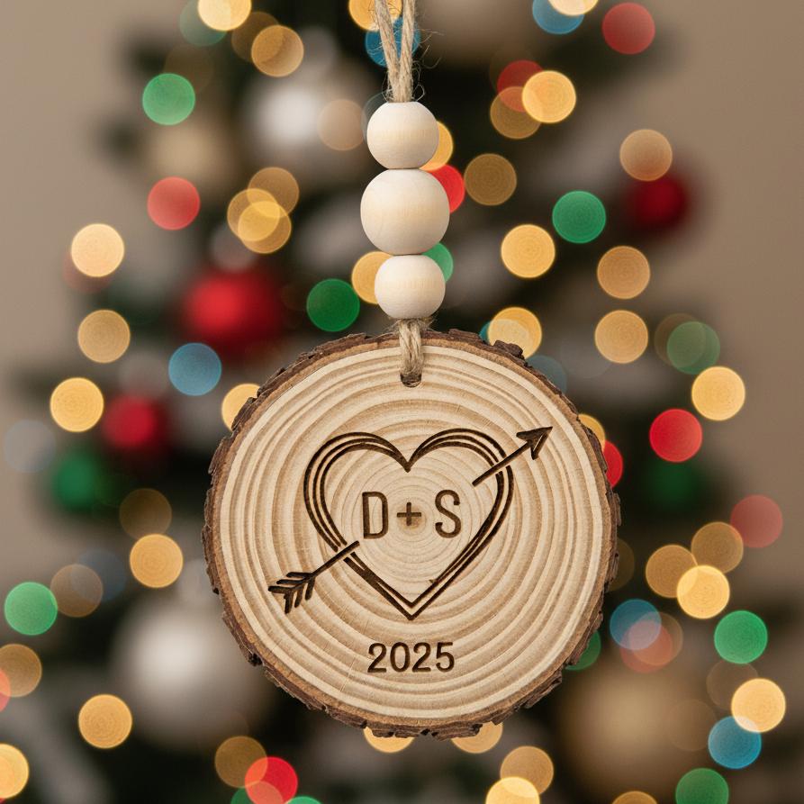 Personalized Wooden Christmas Ornament, Custom Initials and Year, Rustic Heart Engraved Ornament,Couple Gift,Farmhouse Holiday Keepsake 2025