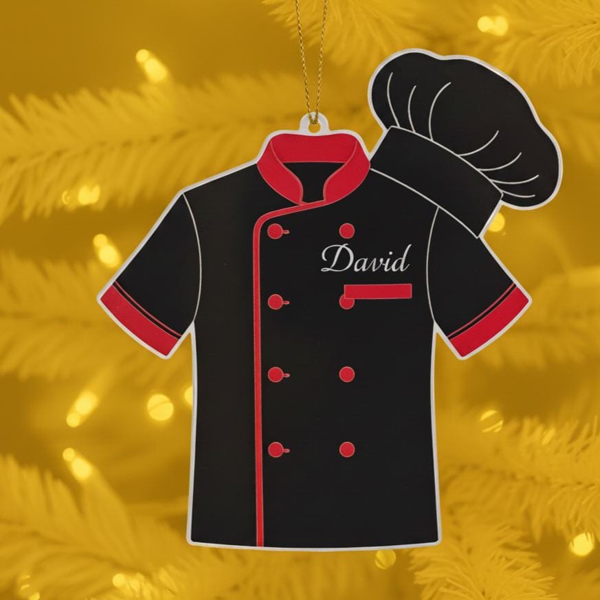Personalized Chef Ornament, Custom Name Acrylic Christmas Gift for Cook, Red Black Chef Jacket Decoration, Holiday Kitchen Keepsake Gift