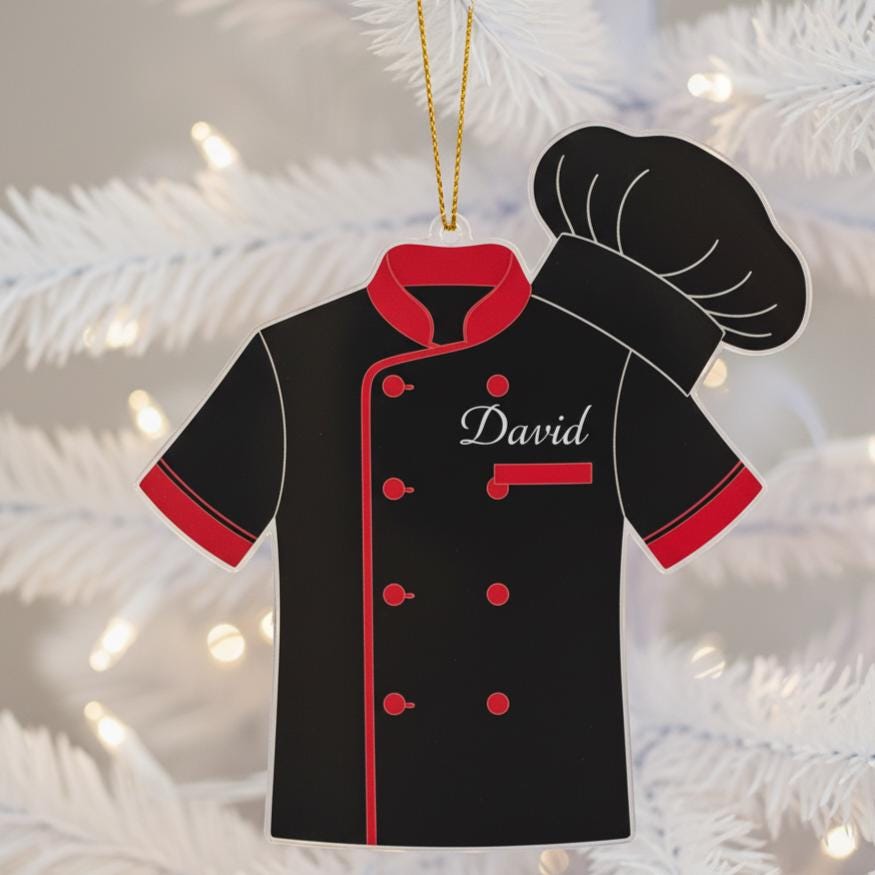 Personalized Chef Ornament, Custom Name Acrylic Christmas Gift for Cook, Red Black Chef Jacket Decoration, Holiday Kitchen Keepsake Gift