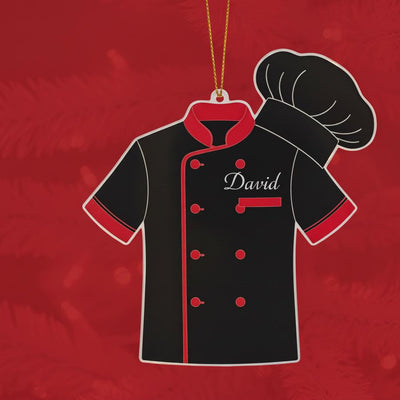 Personalized Chef Ornament, Custom Name Acrylic Christmas Gift for Cook, Red Black Chef Jacket Decoration, Holiday Kitchen Keepsake Gift