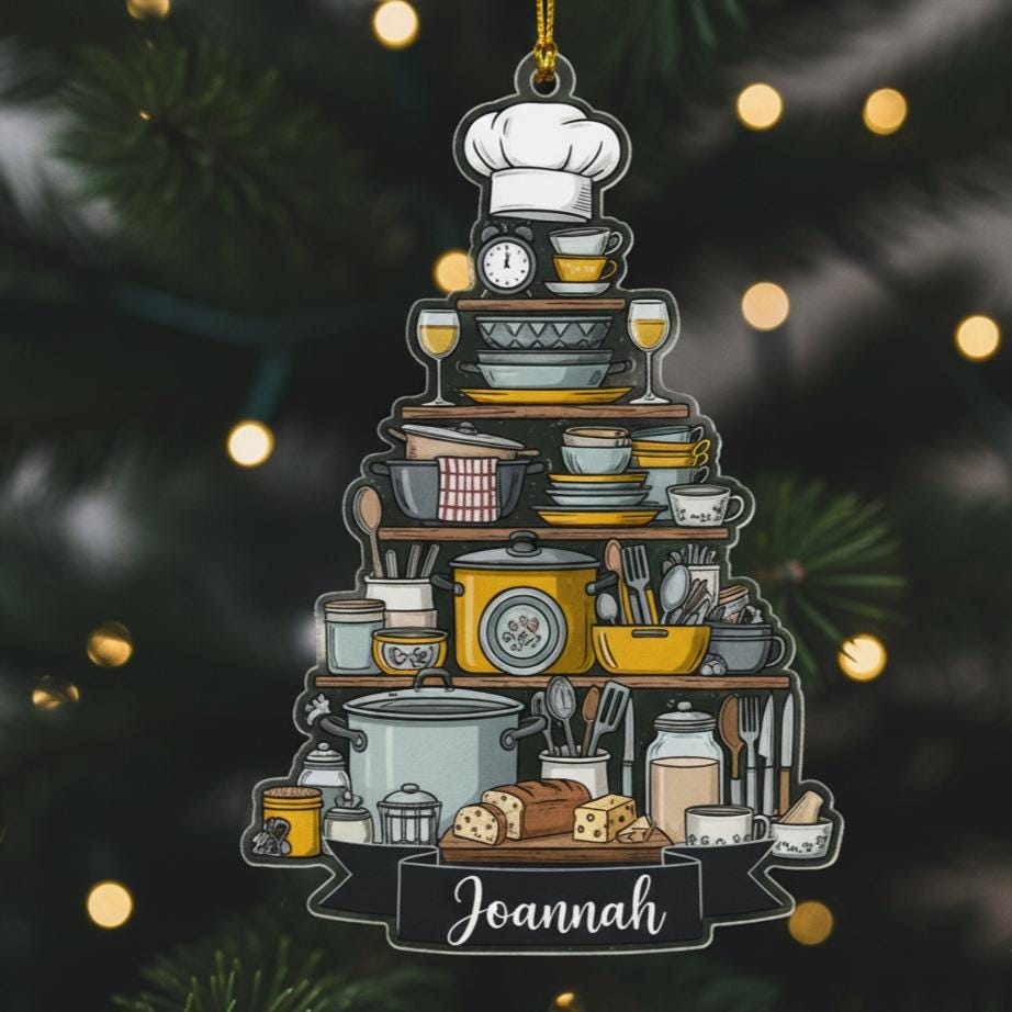 Personalized Chef Ornament, Custom Name Ceramic Christmas Gift for Cook, Kitchen Utensil Tree Design, Baking Lover Holiday Keepsake,Ornament
